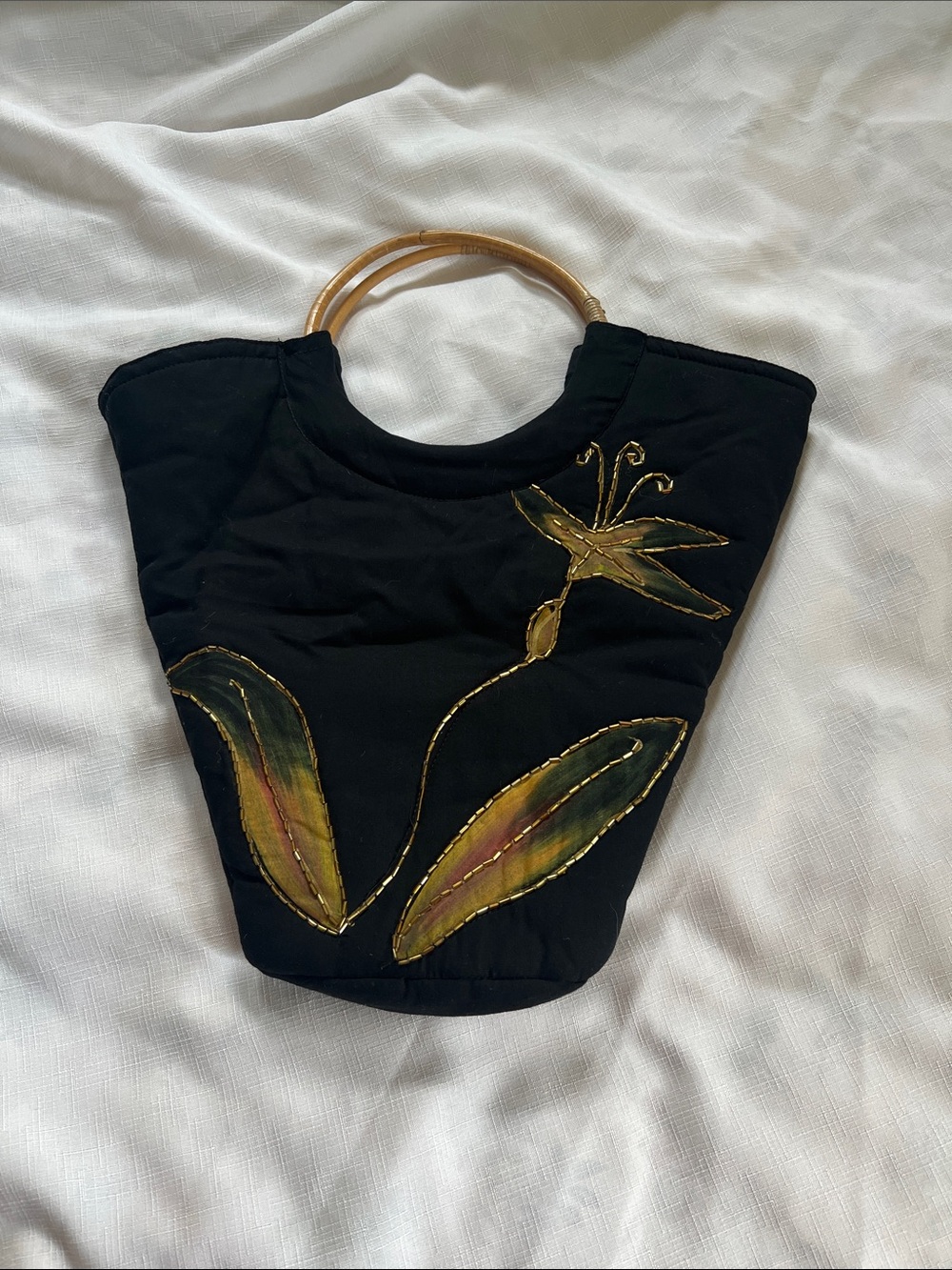 Black Floral Appliqué Tote with Bamboo Handles